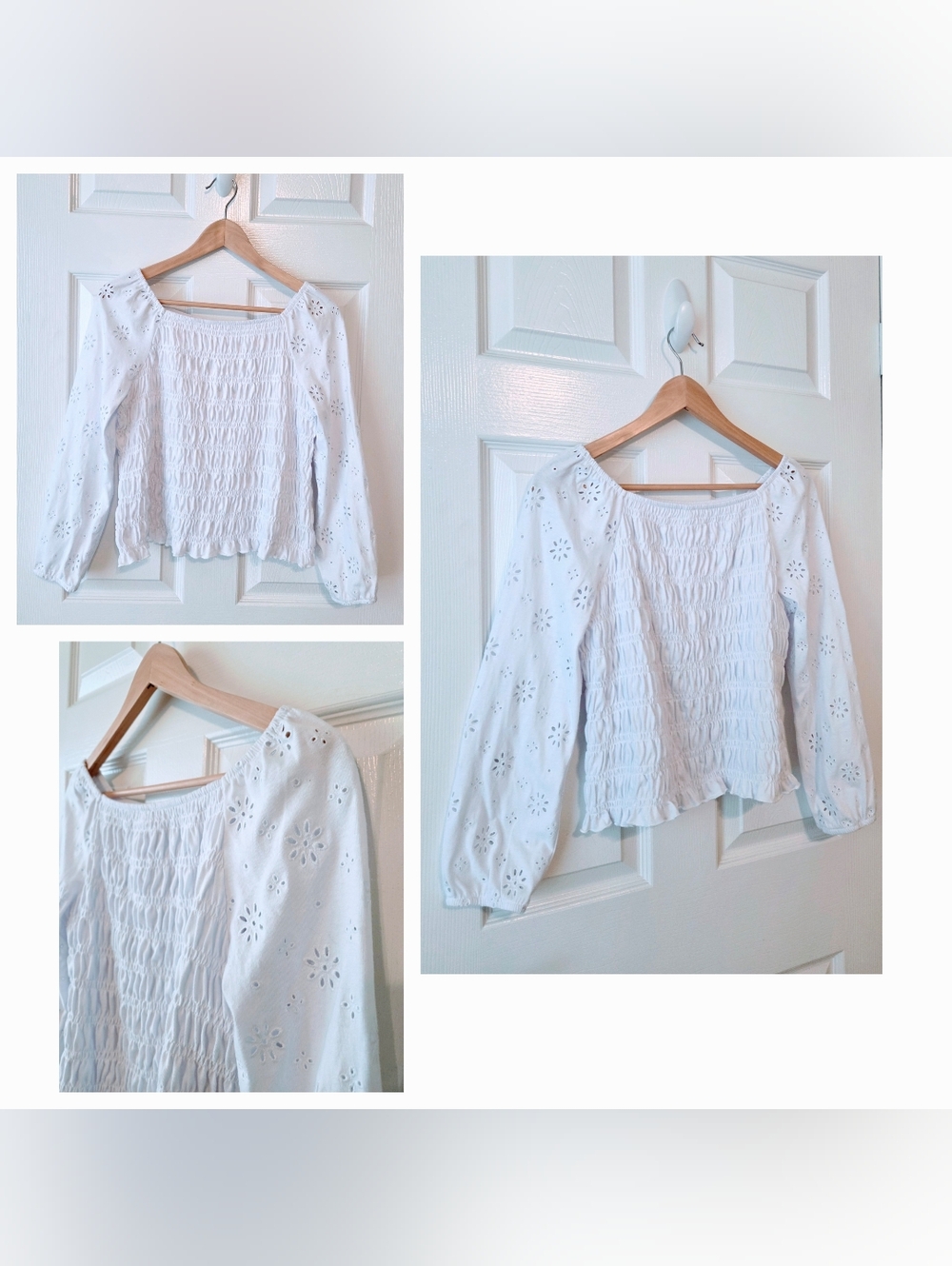 Girl's X/L White Eyelet Smocked Long-Sleeve Blouse